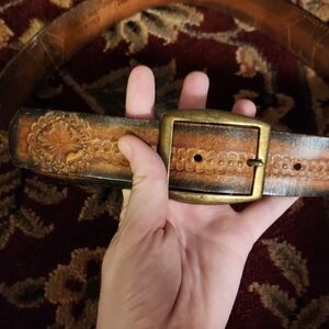 Vintage Embossed Leather Belt with Brass Buckle